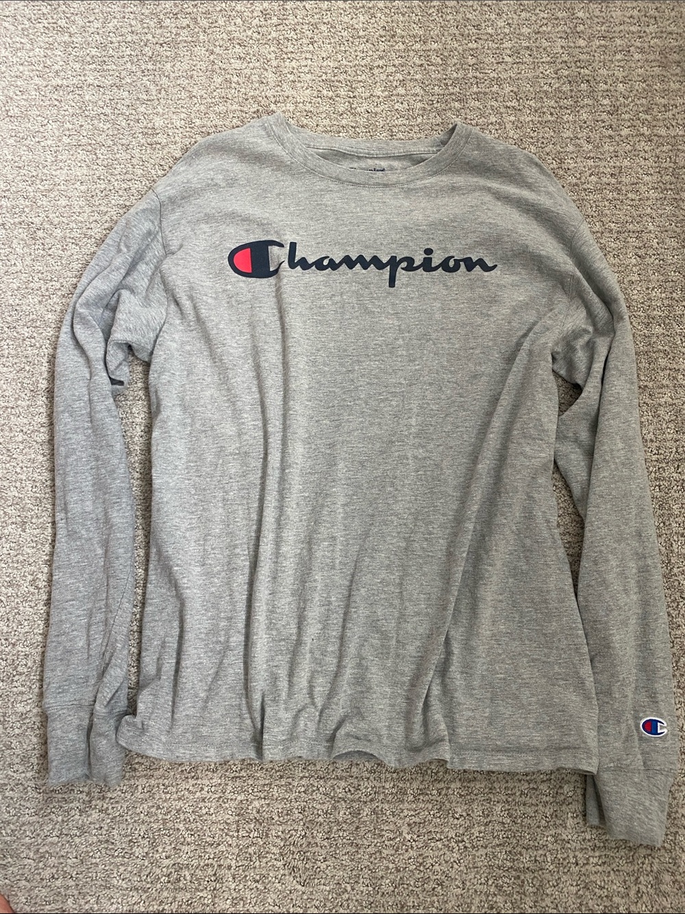 Mens Champion Gray Long Sleeve Logo Shirt with Navy & Red Accent Size Medium